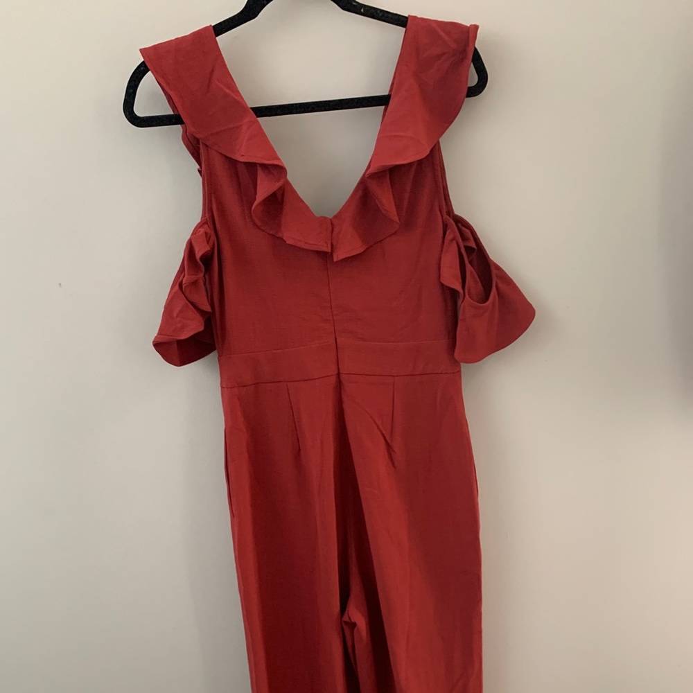 Red Ruffled Wide-Leg Off-Shoulder Jumpsuit - Picture 8 of 8